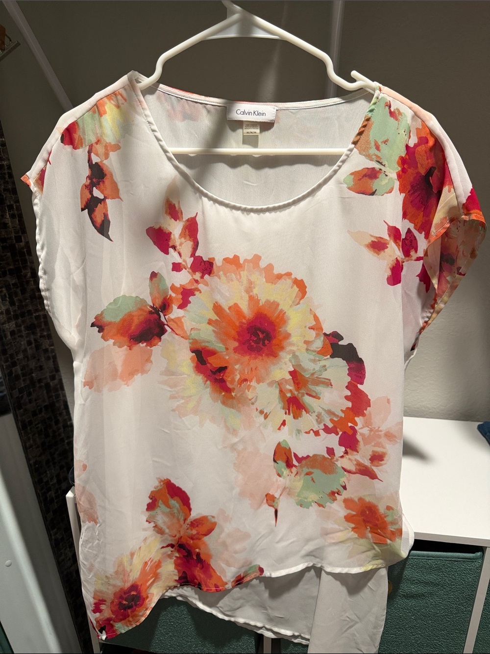 Calvin Klein White Floral Short Sleeve Blouse with Coral and Mint Accents